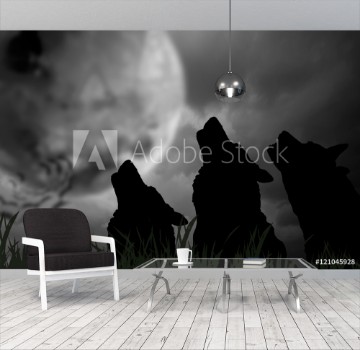 Bild på Wolf  Silhouette of wolves with moon at night Digital retouch